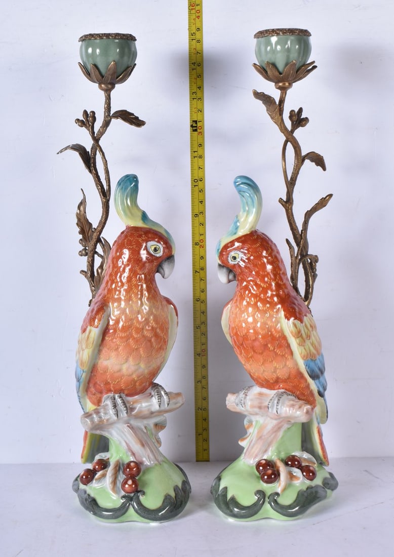A pair of porcelain and gilt metal parrot candlesticks 39cm (2) (1 of 4)