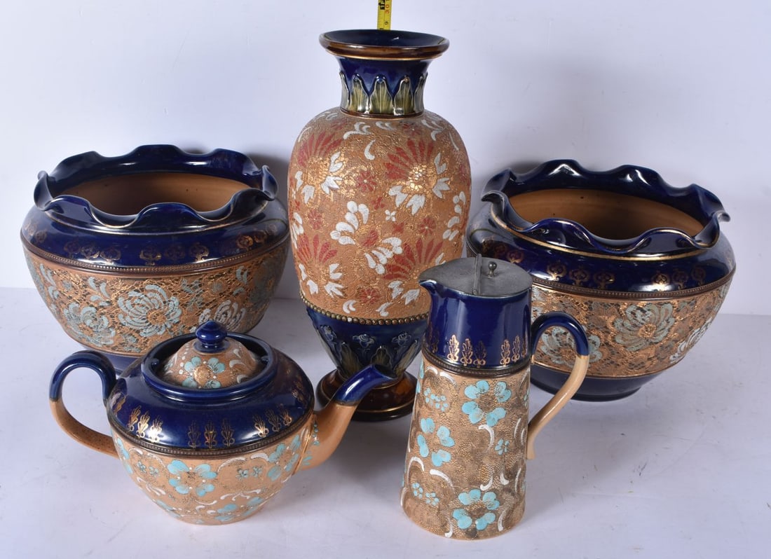 A collection of Royal Doulton stoneware items Jardinieres, teapot, vase etc 32cm (5) (1 of 12)