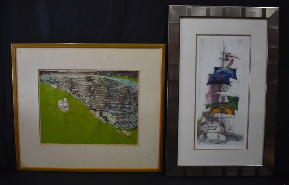 A framed linocut print by M R Dold "one afternoon in Dorset 4/12 together with a framed abstract pri (1 of 8)