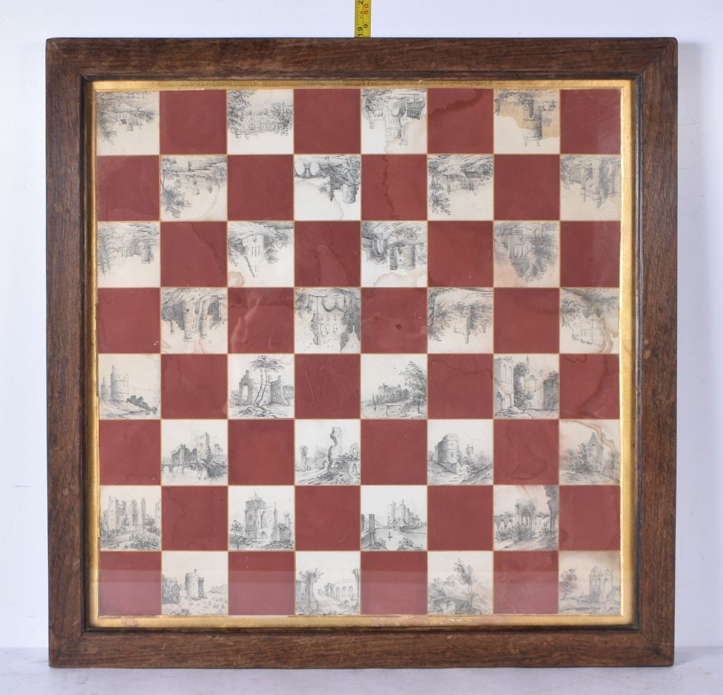 A rare framed antique chess board with small pencil drawings in the white squares of architectural (1 of 2)