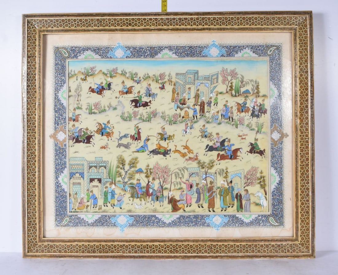 A framed Persian Gouache of a hunting scene 33 x 43cm frame 53 x 63cm (1 of 5)