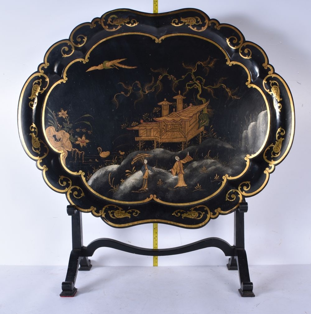 A large Jennens & Bettridge Chinoiserie papier Mache tray with fitted wooden stand 64 x 50.5cm. (2) (1 of 5)