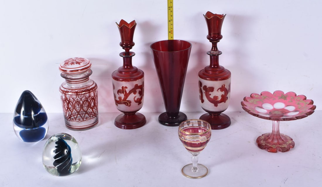 A collection of glassware including antique Cranberry pedestal dish, decanters, paper weights etc 1 (1 of 10)