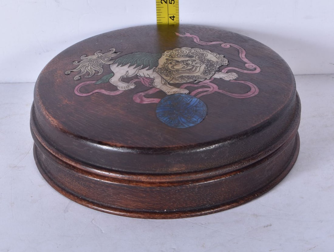 A Chinese wooden box decorated with a mother of pearl lion 4 x 14cm (1 of 4)
