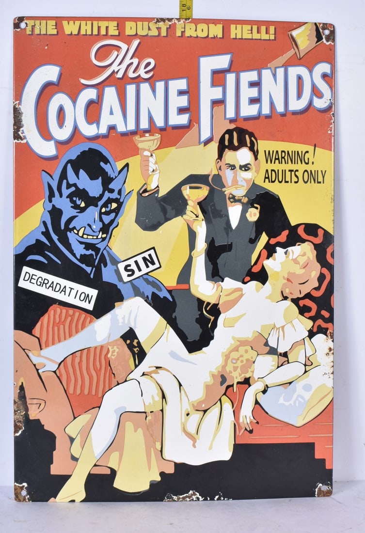 A metal enamelled Cocaine Fiends sign 45 x 30cm: A metal enamelled Cocaine Fiends sign 45 x 30cm