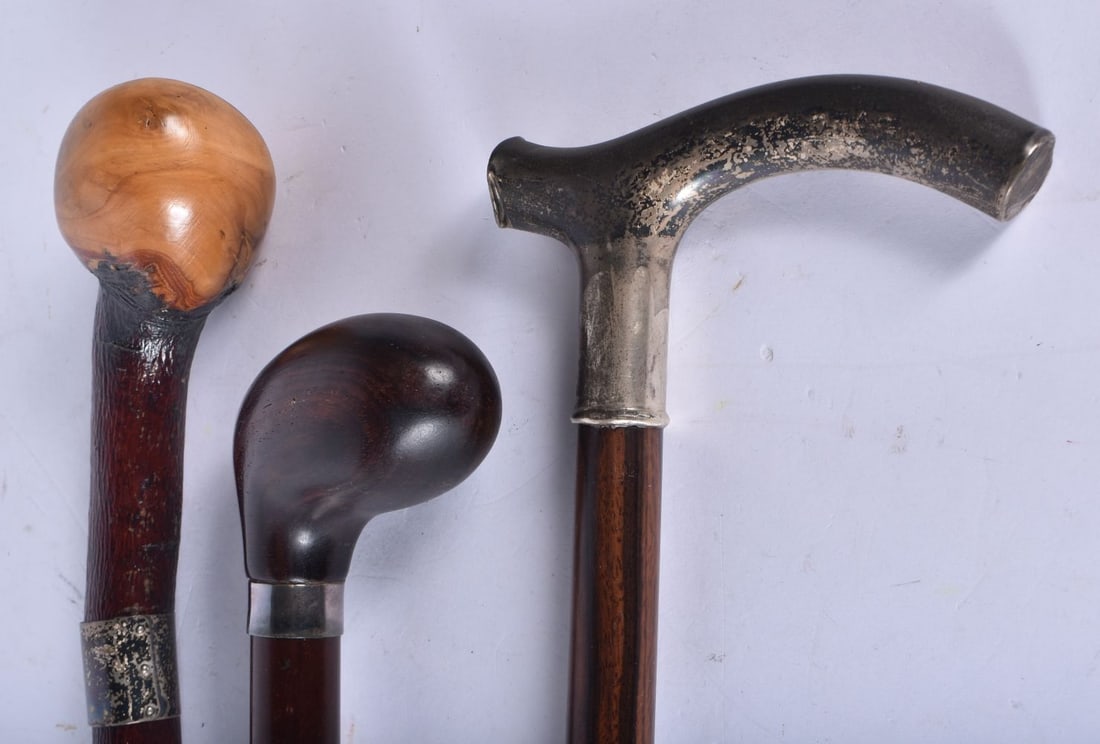 A sterling silver handle walking cane together with two other canes both with silver collars 86cm (3 (1 of 5)