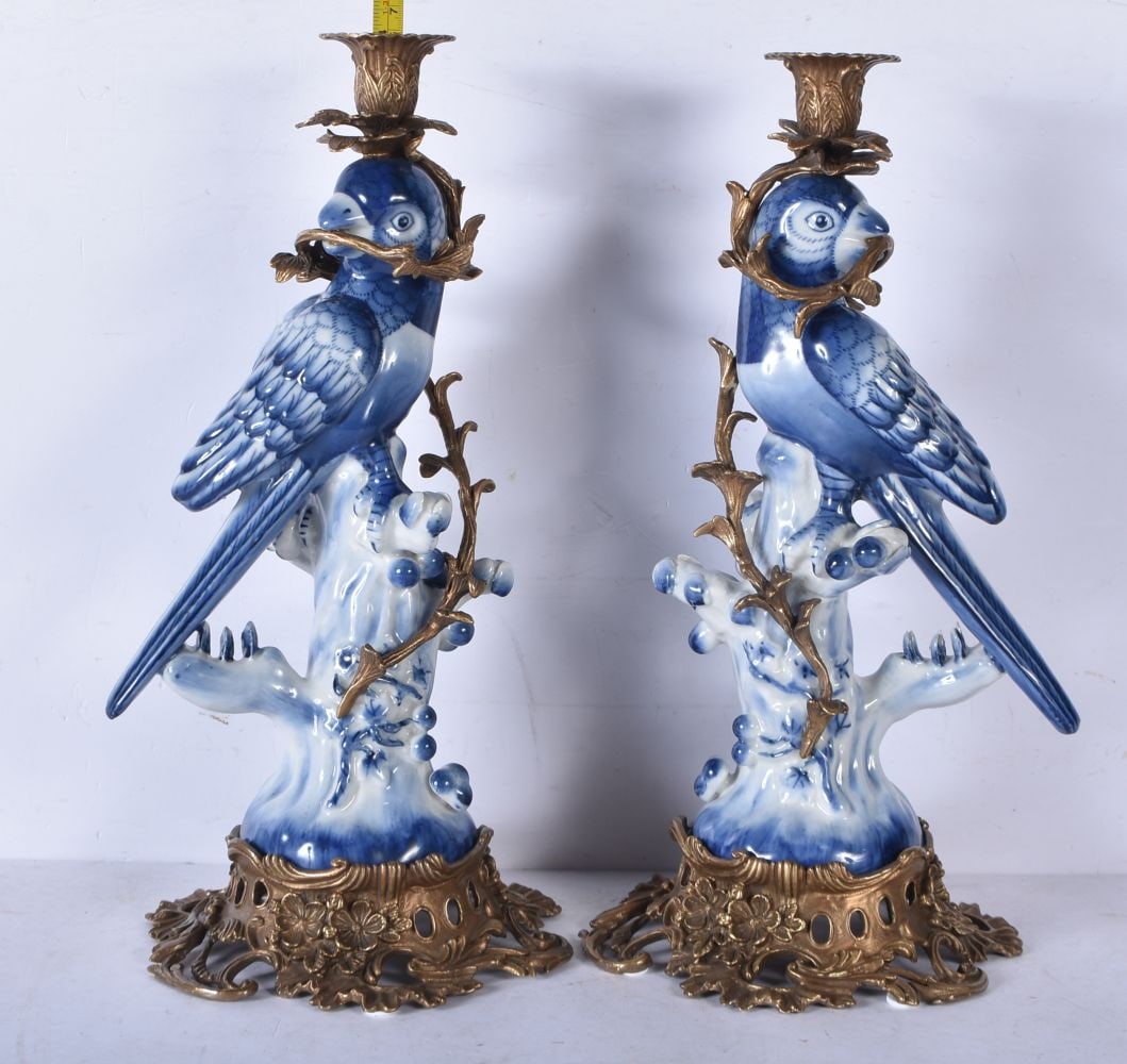 A pair of porcelain and gilt metal parrot candlesticks 36cm (1 of 4)