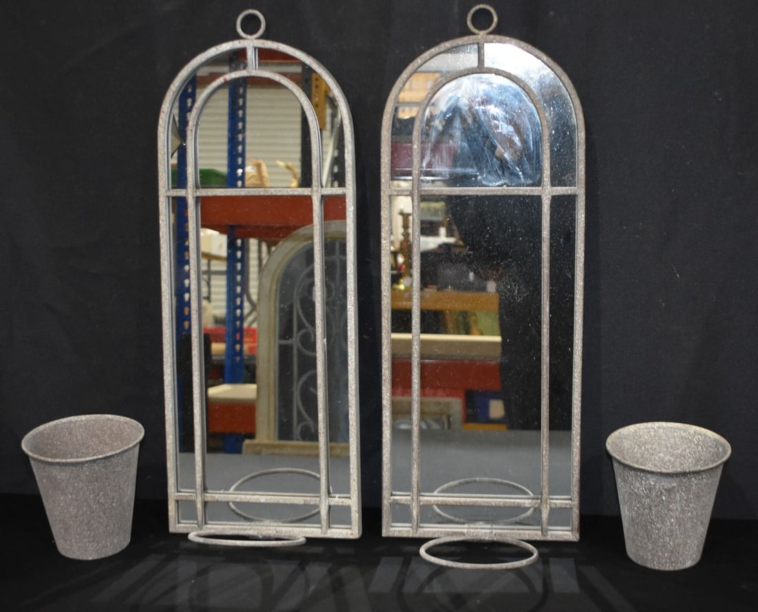 A pair of metal and glass garden pot mirrors 64 x 21cm (2) (1 of 4)