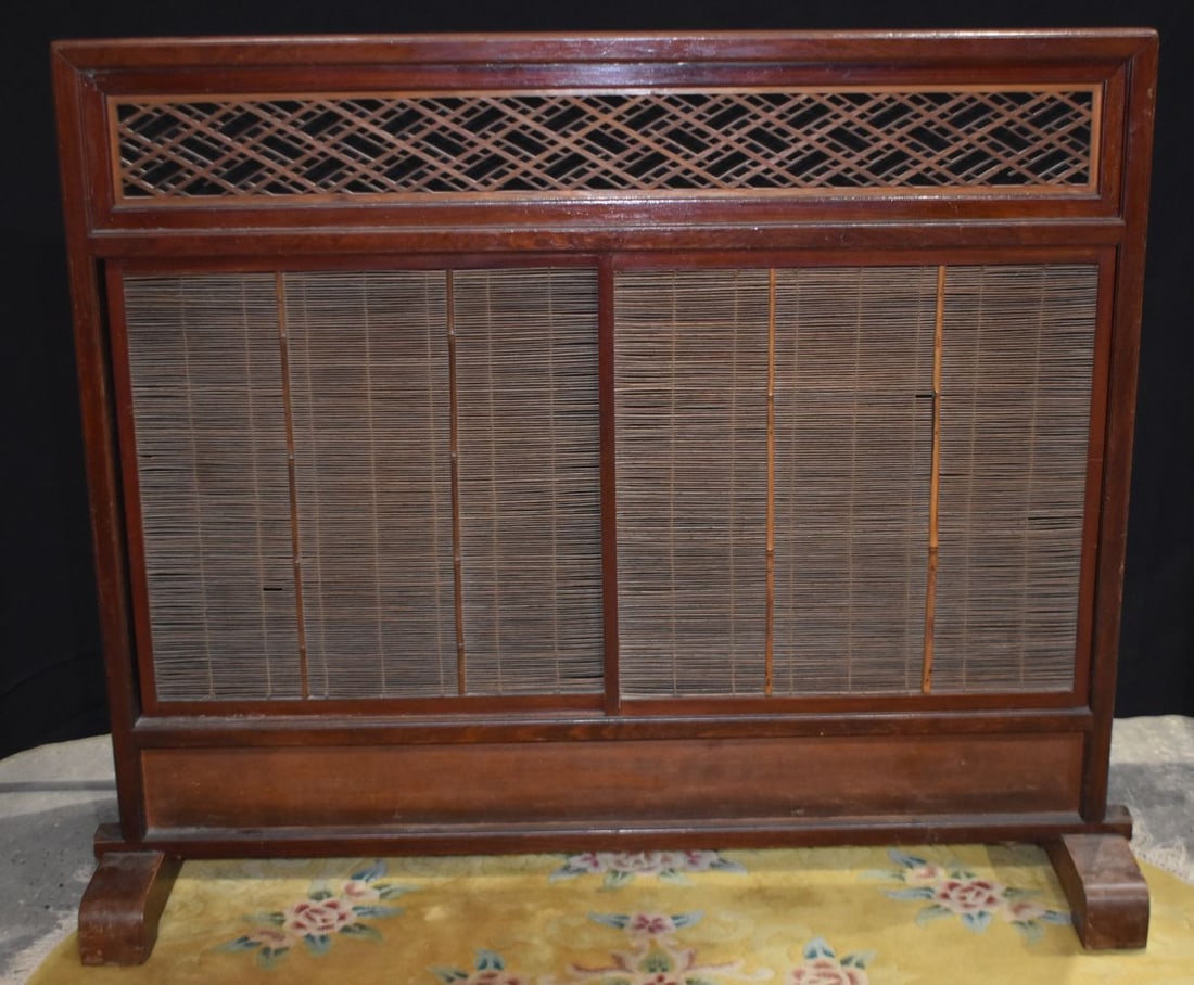 A Japanese wooden sliding screen with a carved wood fretwork frieze 110 x 133 cm (1 of 6)