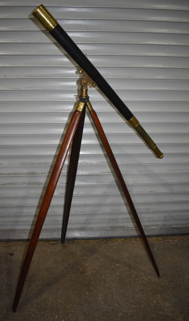 A large Vintage brass two drawer telescope with a wooden tripod stand 150 x 139cm (1 of 5)