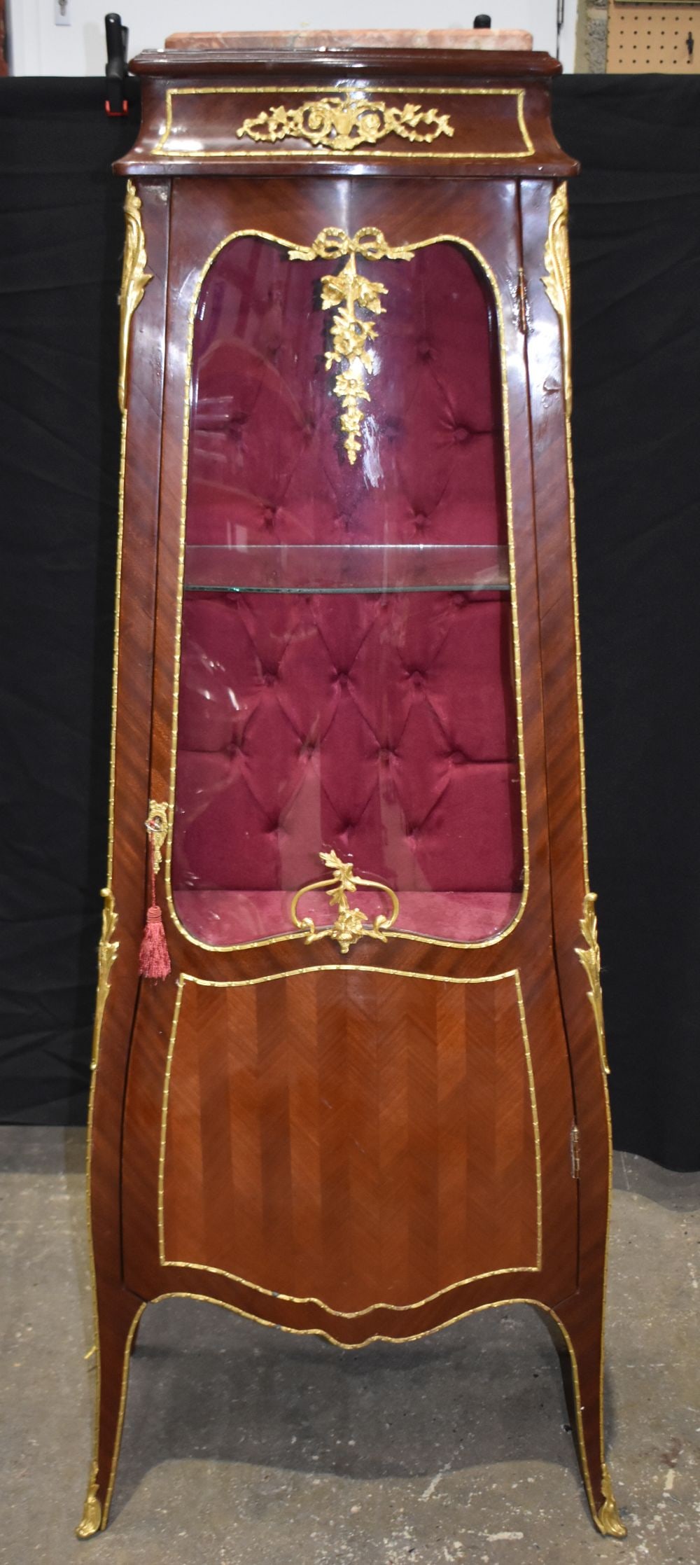 A gilt bronze mounted glass and parquetry veneered vitrine with a marble top 54 x 53 x 31cm (1 of 6)