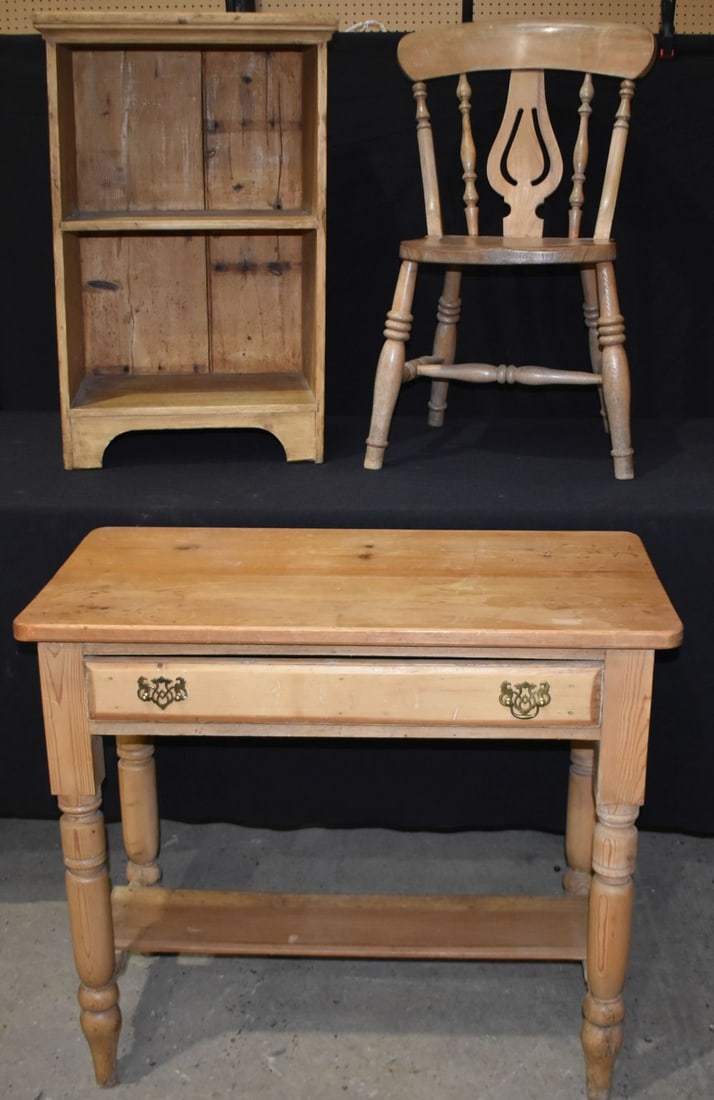 A vintage Pine one drawer table together with a Pine bookcase/shelf unit and a chair; table 74 x 85 (1 of 8)
