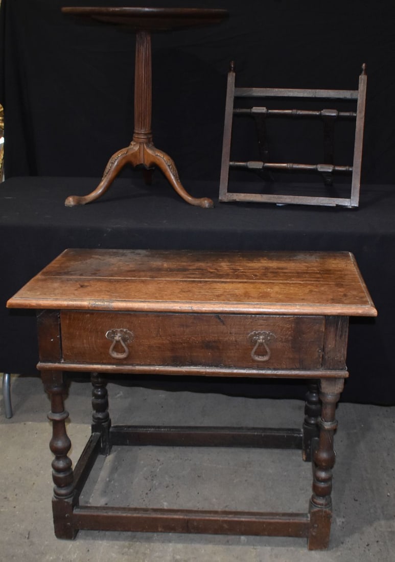 A 19th Century Oak one drawer table together with a Mahogany tilt top occasional table and a wooden (1 of 11)