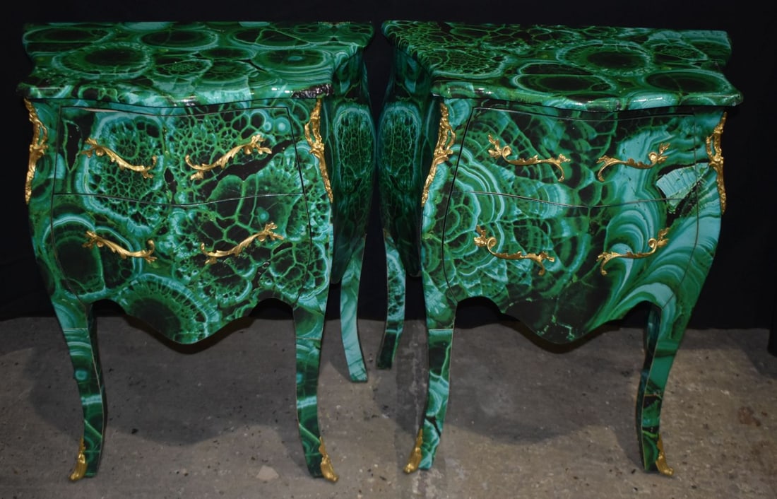 A pair of malachite effect two drawer bedside cabinets with gilt metal adornments 76 x 64 x 40cm (2) (1 of 5)