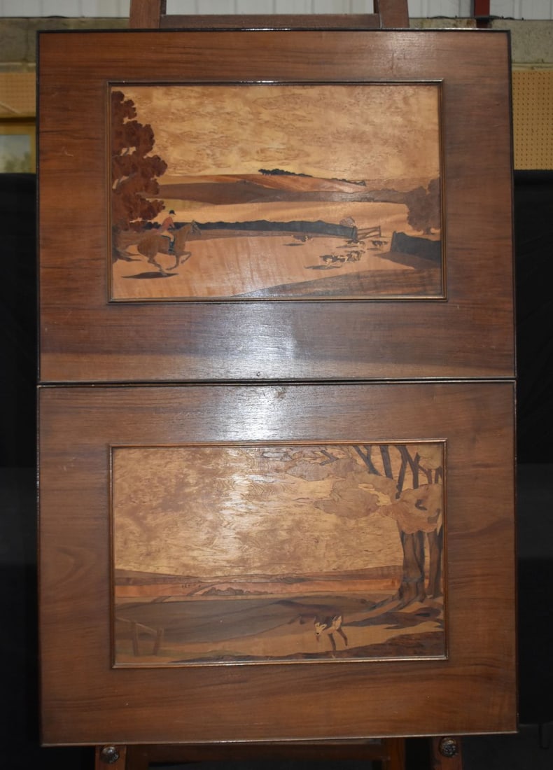 A pair of early 20th Century parquetry wood pictures of hunting scenes; image 31 x 47cm, frame 51.5 (1 of 3)