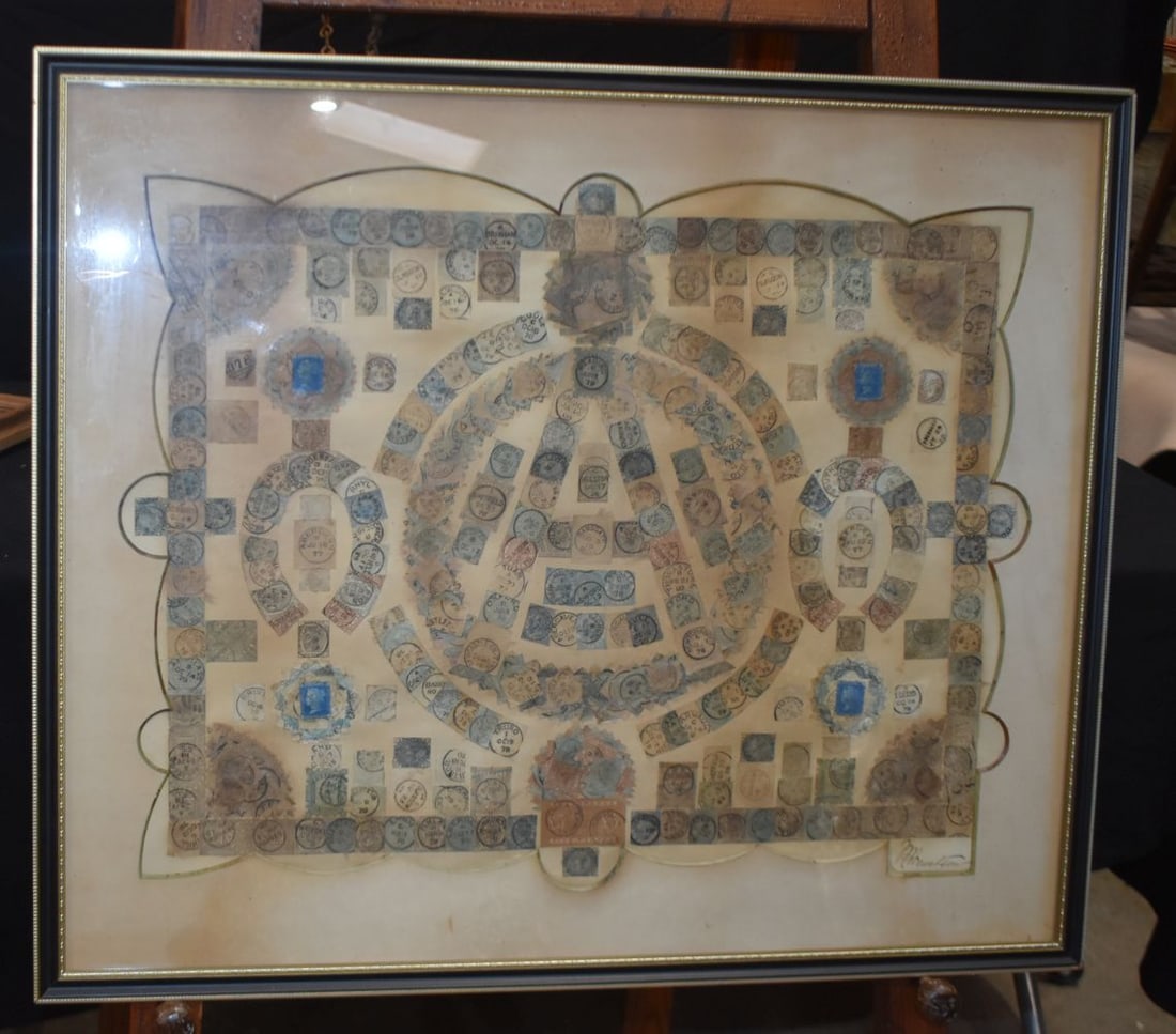 A framed collage display of postage stamps signed indistinctly 44 x 58cm (1 of 4)