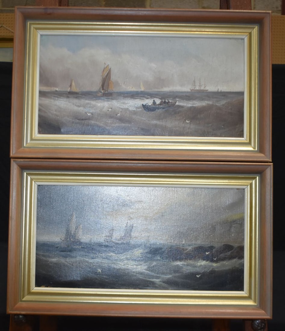 William Haviland Lindley (1882-1969) A pair of framed oil on canvas seascapes; image 19.5 x 39.5cm, (1 of 5)