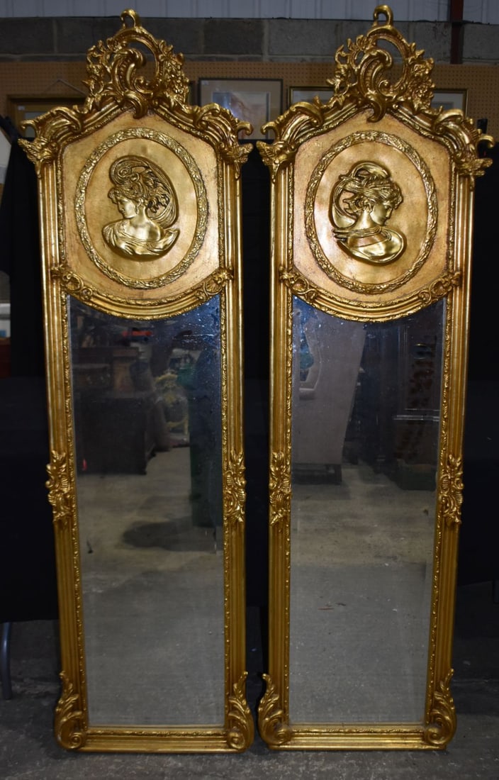 A pair of large Louis XVI style giltwood mirrors with a depiction of a young woman on both 178 x 46c: A pair of large Louis XVI style giltwood mirrors with a depiction of a young woman on both 178 x 46cm (2)