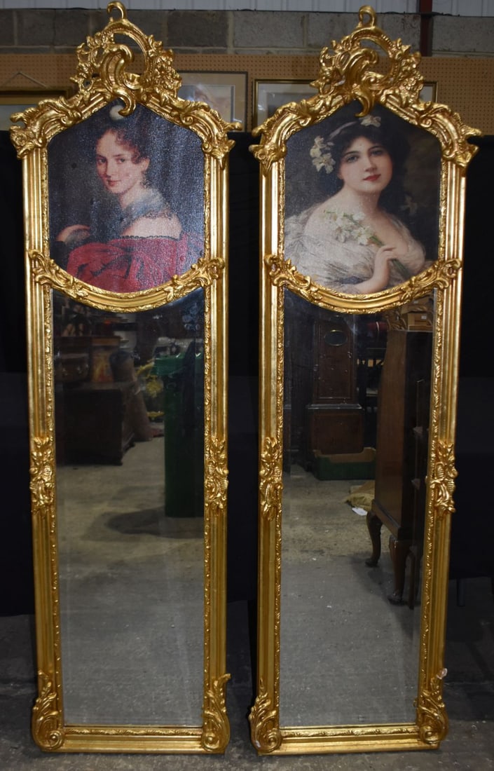 Two large gilt wood framed mirrors with portraits of young women in panels 178 x 46cm (2) (1 of 7)