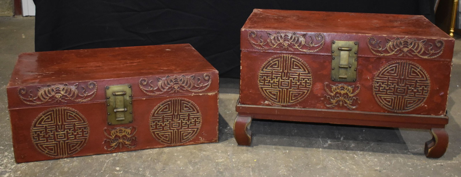 A pair of early 20th Century Chinese lacquered wood and leather chests 46 x 74 x 47cm (2) (1 of 9)