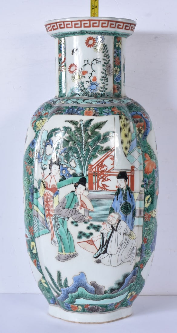 A Chinese porcelain Famille Verte vase decorated with figures in panels 43cm (1 of 6)