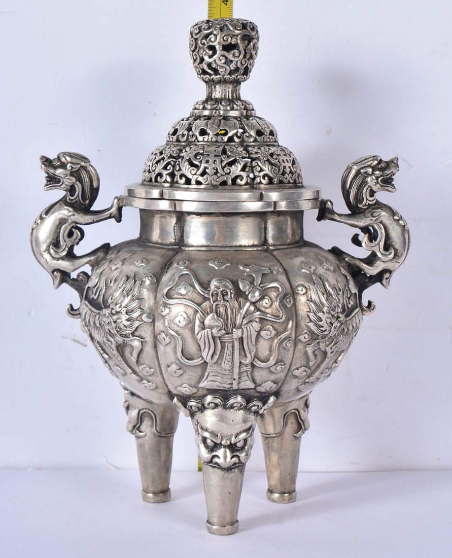 A Tibetan white metal incense burner 23cm (1 of 5)