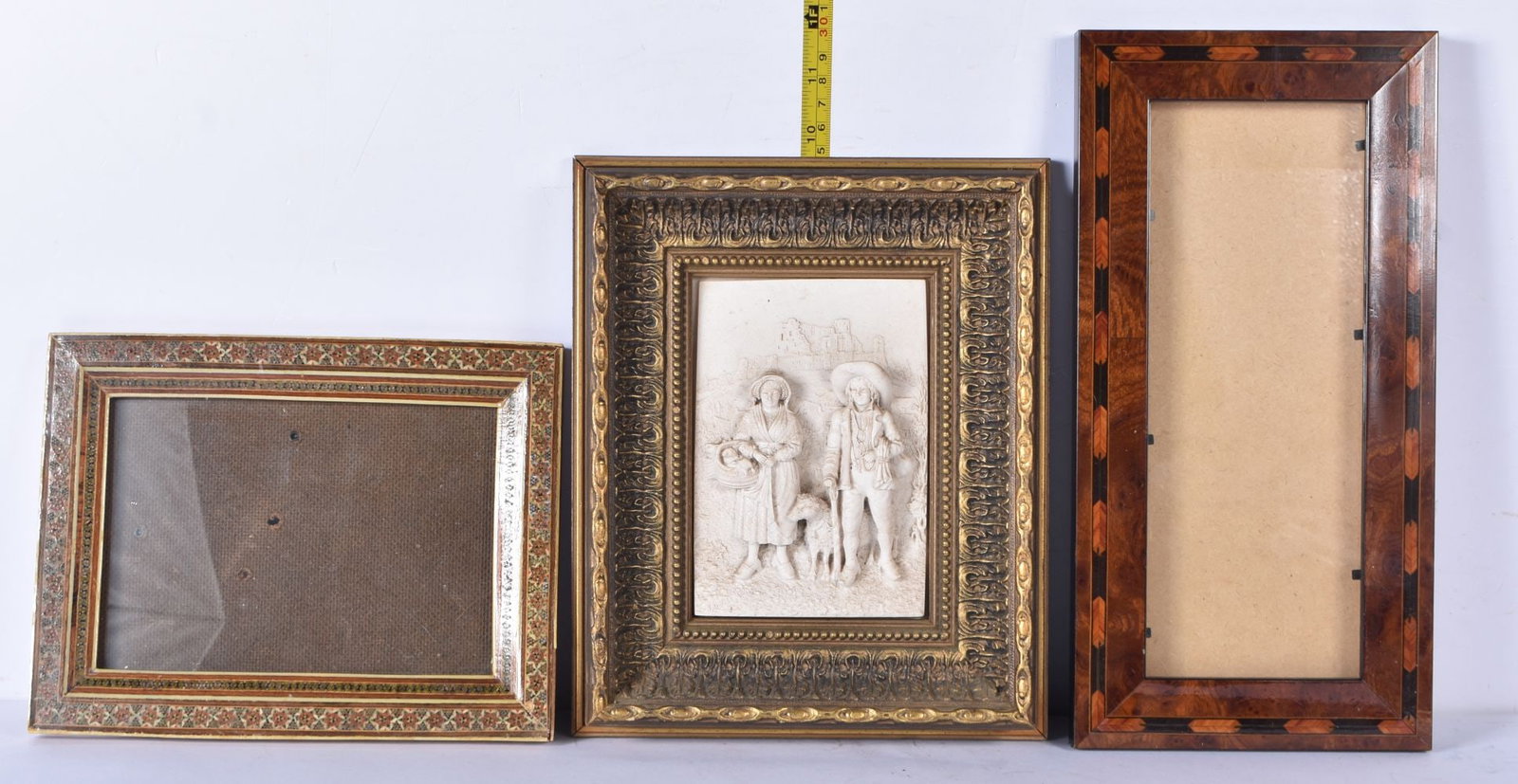 A framed marble relief Plaque of field workers together with a two other picture frames .Plaque 14.4 (1 of 5)
