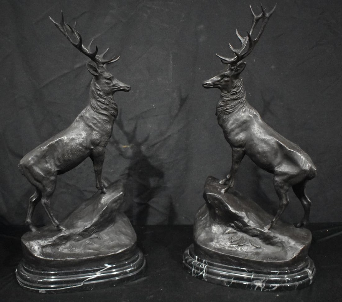 A pair of large bronze stags mounted on marble plinths 72cm (2) (1 of 5)