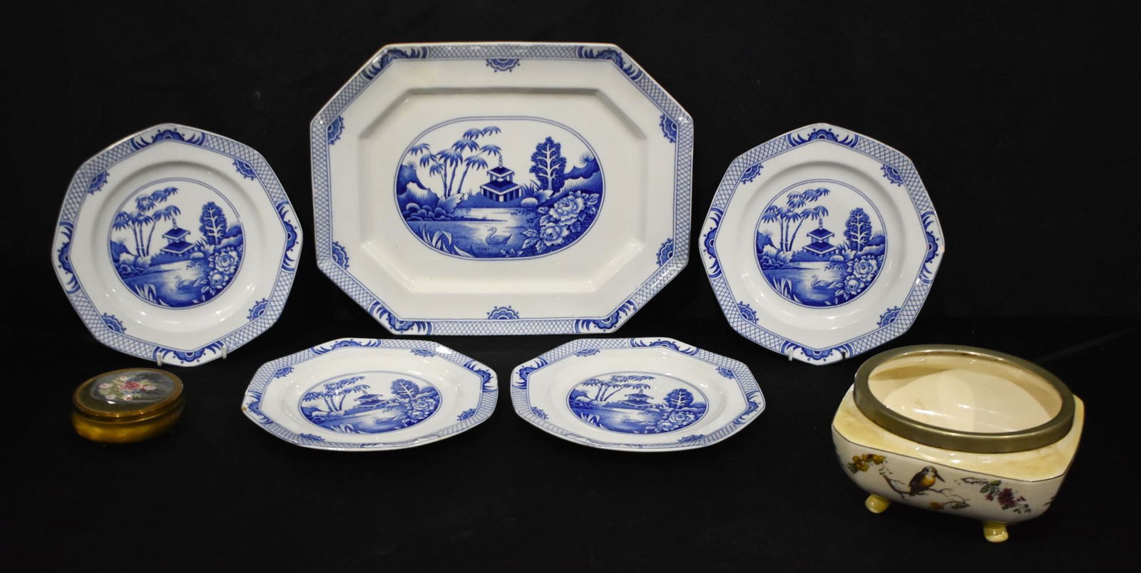 A collection of Gresley porcelain tableware together with a silver rimmed bowl and a small metal pot (1 of 6)