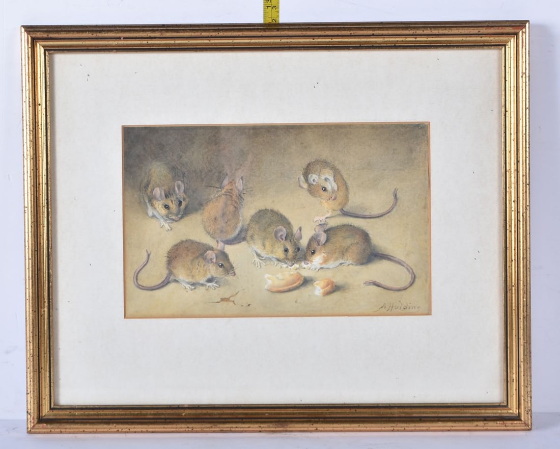 A framed watercolour of mice eating bread signed A Holding 15 x 24cm: A framed watercolour of mice eating bread signed A Holding 15 x 24cm