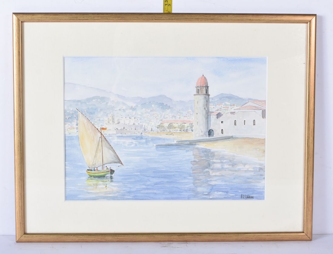 A framed watercolour of a European coastal scene signed M J Lindsay 20 x 27.5cm (1 of 3)