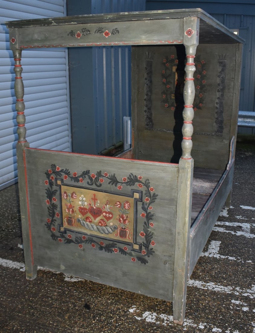 A hand painted 18th/19th Century Austrian wooden four poster bed 123 x 215cm (1 of 16)