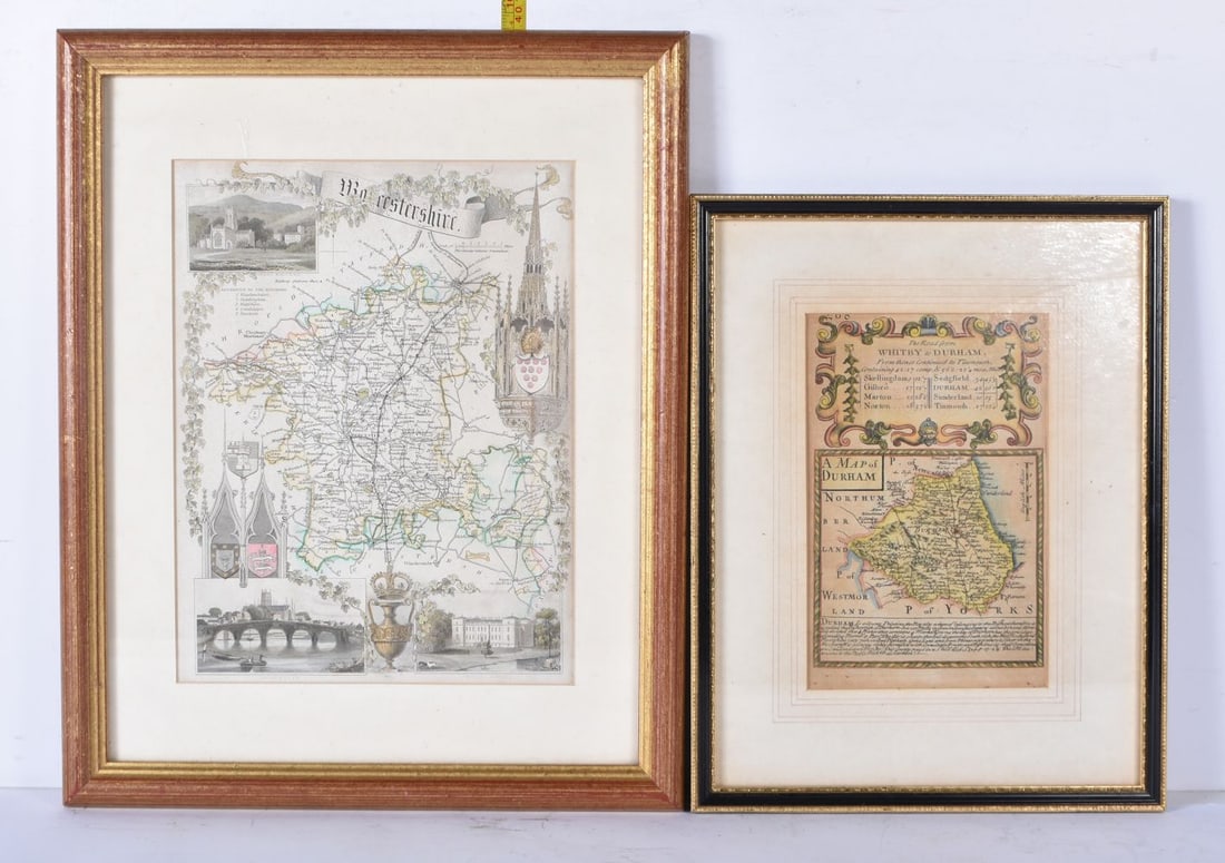 An antique map of Durham together with another antique map of Worcestershire 26 x 20cm frame 39 x 31 (1 of 3)