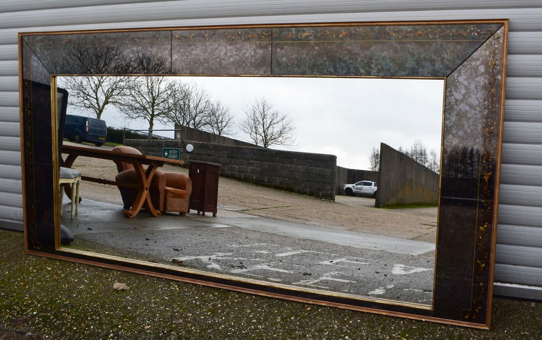 A large 20th century wooden framed Venetian style mirror with glass panelled surrounds with de-silve (1 of 5)