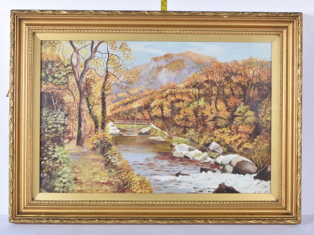 A framed oil on board of a rural scene signed with a monogram F A and dated 1921 29 x 45cm, frame 41 (1 of 5)