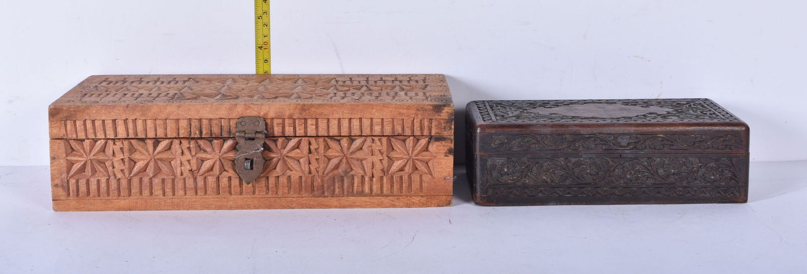 A small Indian carved wood and metal inlaid box together with another carved wood box 8 x 29 x 12cm (1 of 7)