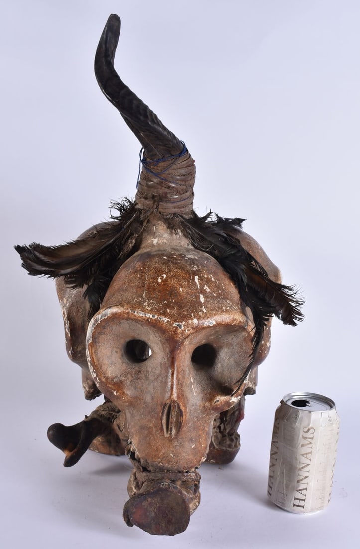 A LARGE AFRICAN TRIBAL WOOD TRIPLE MONKEY MASK. 42 cm x 24 cm. (1 of 5)
