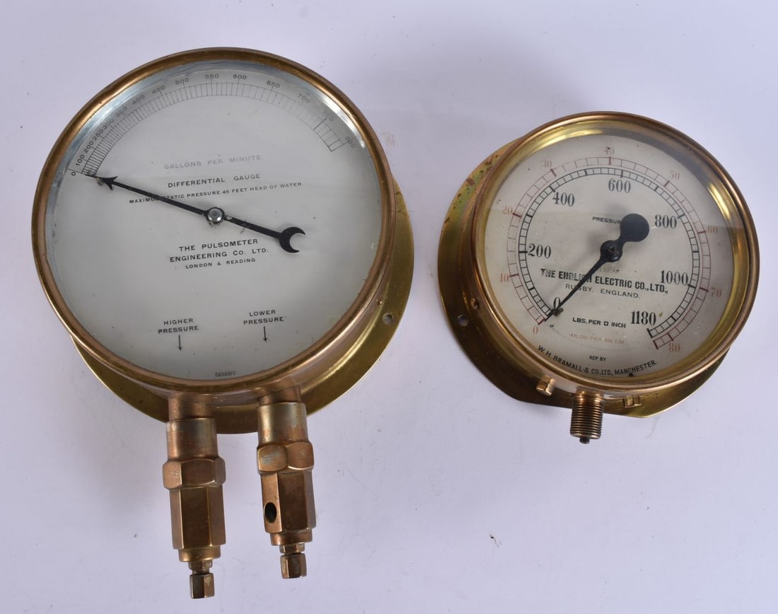 TWO LARGE VINTAGE BRASS GAUGES Pulsometer Engineering Co Ltd London & Reading, English Electric Co R (1 of 4)