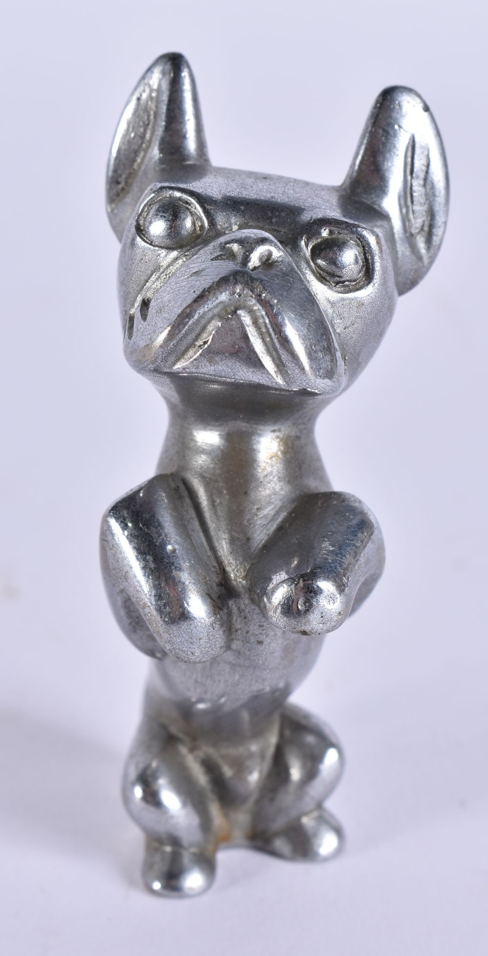 A SMALL ART DECO FRENCH BULLDOG CAR RADIATOR MASCOT. 7.5 cm high.: A SMALL ART DECO FRENCH BULLDOG CAR RADIATOR MASCOT. 7.5 cm high.
