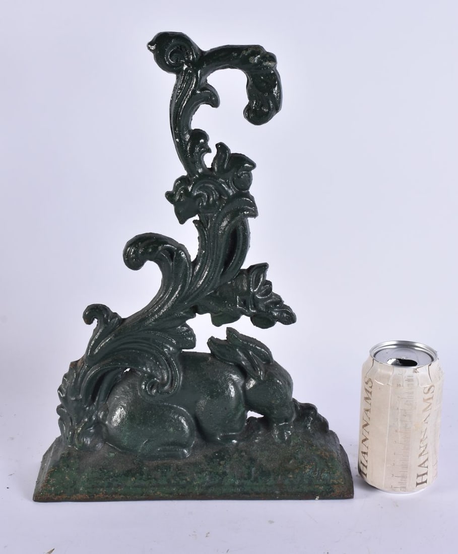 A VICTORIAN CAST IRON GREEN PAINTED LOWESTOFT HARE DOOR STOP. 37 cm x 20 cm. (1 of 4)