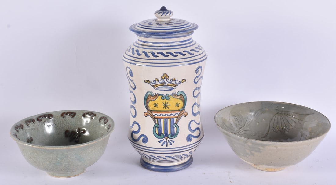 AN EARLY CHINESE INCISED BOWL together with another bowl & a faience vase and cover. Largest 28cm hi (1 of 6)