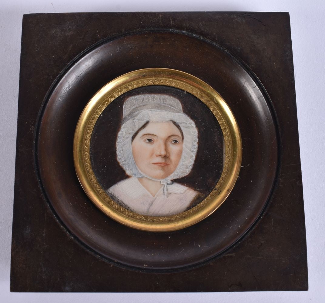 English School (19th Century) Watercolour, Female wearing a white bonnet. 11.5 cm square, image 6.75: English School (19th Century) Watercolour, Female wearing a white bonnet. 11.5 cm square, image 6.75 cm diameter.