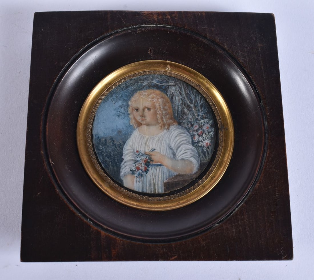 English School (19th Century) Watercolour, Female holding flowers. 12.5 cm square, image 5.75 cm wid: English School (19th Century) Watercolour, Female holding flowers. 12.5 cm square, image 5.75 cm wide.