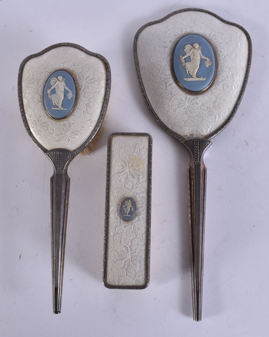 A SILVER AND WEDGWOOD JASPERWARE DRESSING TABLE SET. 583 grams overall. Largest 29 cm long. (3) (1 of 6)