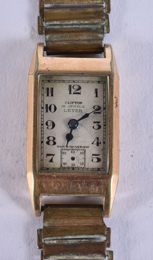 A VINTAGE CLIFTON YELLOW METAL WRISTWATCH. Not running. 1.75 cm wide.: A VINTAGE CLIFTON YELLOW METAL WRISTWATCH. Not running. 1.75 cm wide.