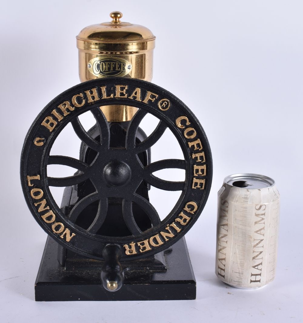 A BIRCH LEAF CAST IRON PAINTED COFFEE GRINDER. 32 cm x 17 cm.: A BIRCH LEAF CAST IRON PAINTED COFFEE GRINDER. 32 cm x 17 cm.