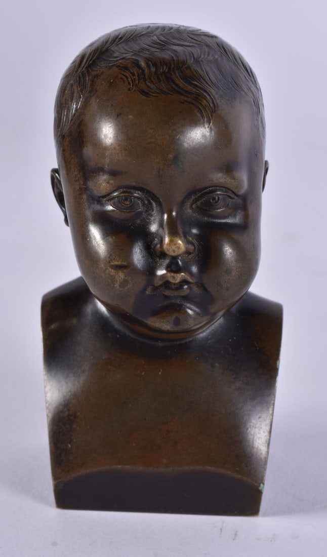 AN UNUSUALLY SMALL 19TH CENTURY EUROPEAN BRONZE BUST OF A BOY. 10 cm high. (1 of 5)