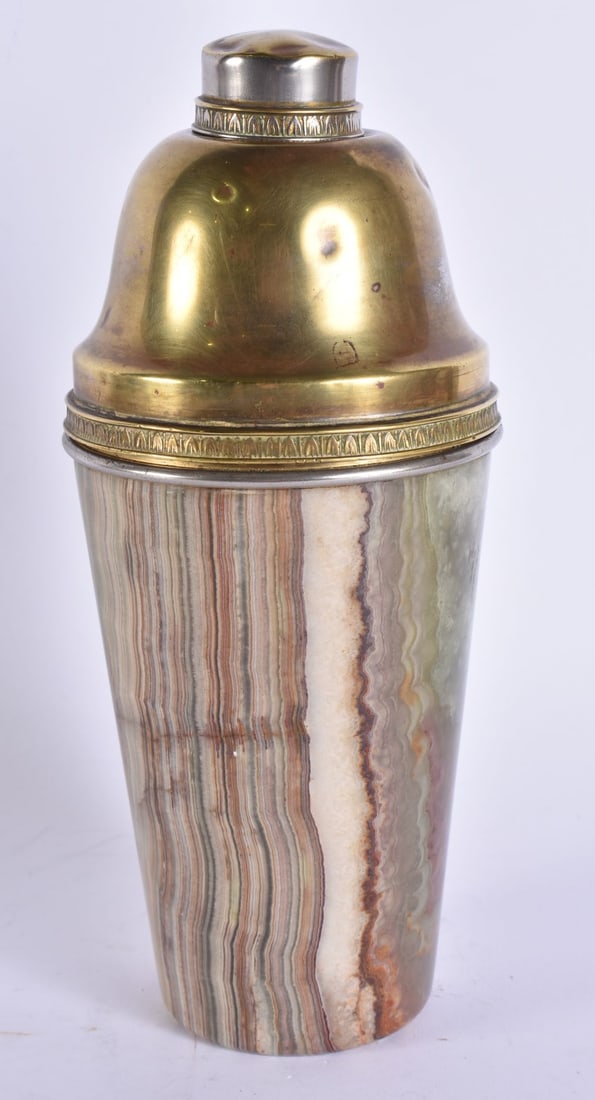 AN UNUSUAL ART DECO ONYX AND BRASS COCKTAIL SHAKER AND STOPPER. 23 cm high.: AN UNUSUAL ART DECO ONYX AND BRASS COCKTAIL SHAKER AND STOPPER. 23 cm high.