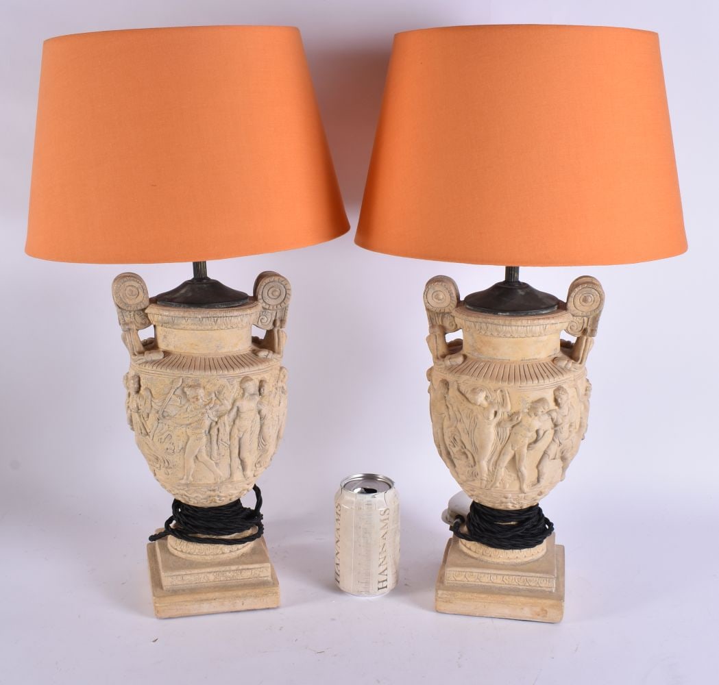 A PAIR OF COUNTRY HOUSE CLASSICAL TWIN HANDLED POTTERY LAMPS After the Antiquity. 53 cm high overall (1 of 6)