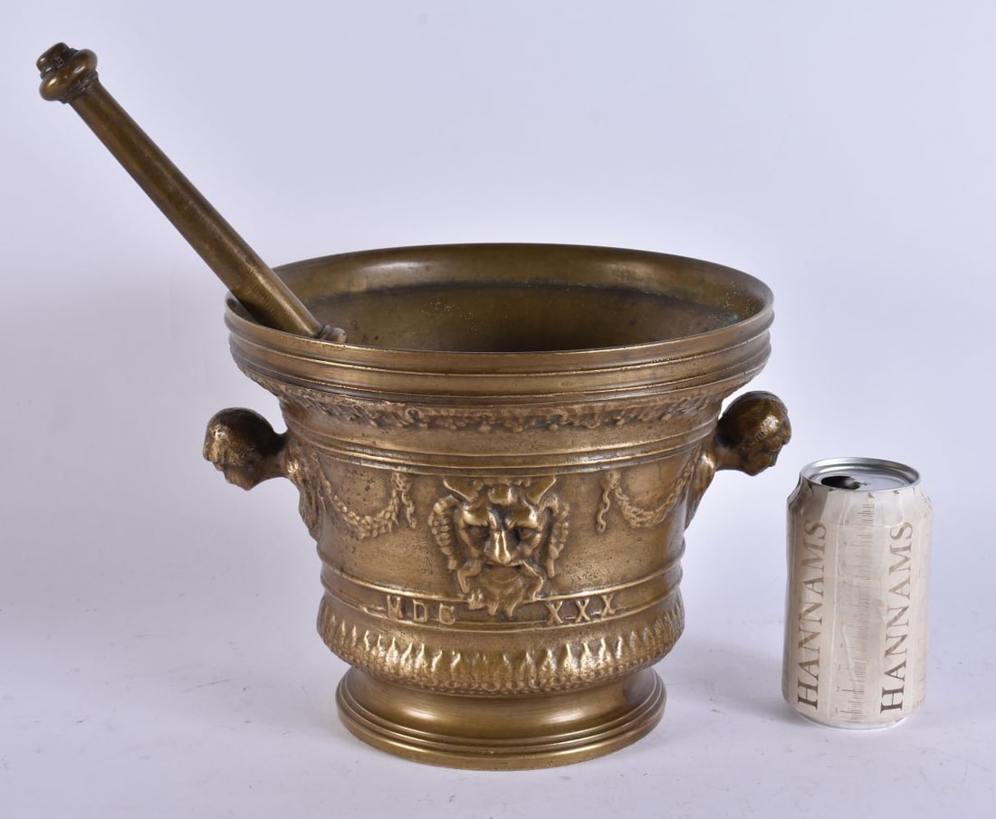 A MONUMENTAL 19TH CENTURY BRONZE APOTHECARY PESTLE AND MORTAR with inscription. Mortar 20 cm x 24 cm: A MONUMENTAL 19TH CENTURY BRONZE APOTHECARY PESTLE AND MORTAR with inscription. Mortar 20 cm x 24 cm, pestle 34 cm long. (2)